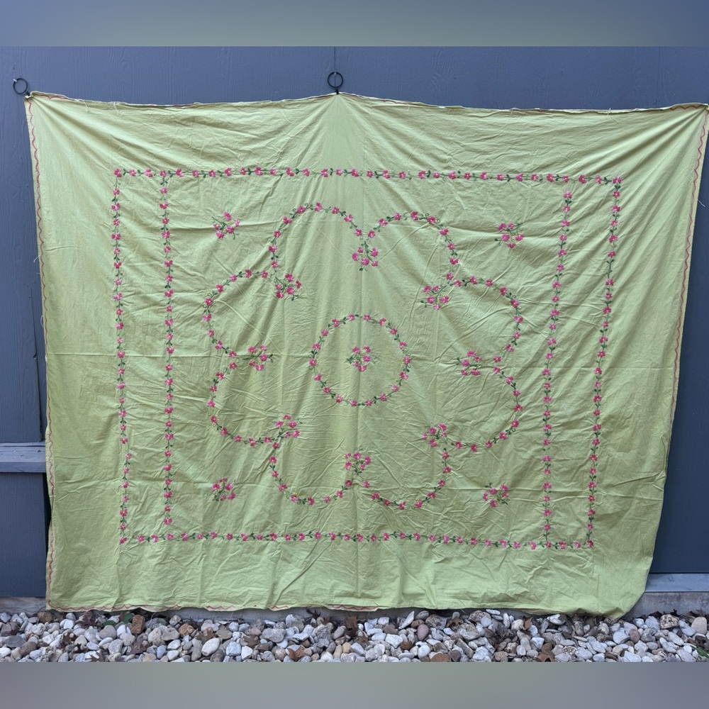 Unique Handmade 60s Embroidered Floral Sheet/Tapestry Queen Size